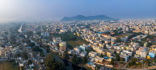 Aerial view of Vijayawada city, is a second largest city in the state of Andhra Pradesh in India.