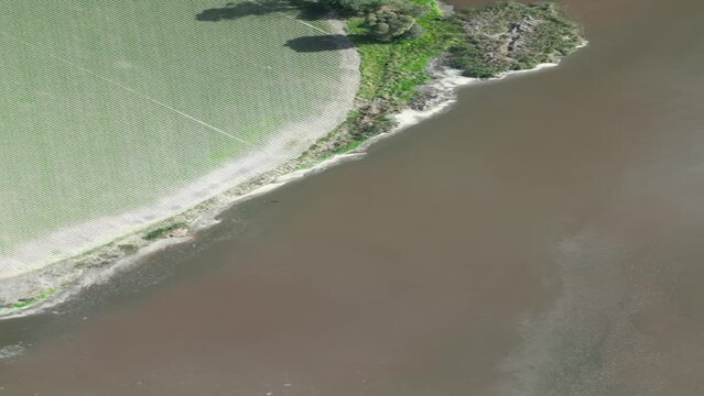 Vista a&eacute;rea de un lago con la orilla que hace una forma geom&eacute;trica, se ve un ave volar lentamente y pasar por una orilla de la toma