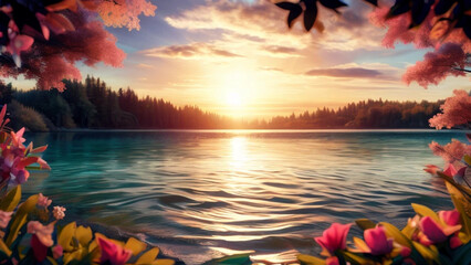 Fototapeta na wymiar sunset on the lake Generative ia