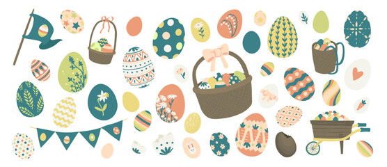 Easter Illustration Pack - Set of easter eggs, baskets, wheelbarrow, Easter flag and Easter banner - obrazy, fototapety, plakaty