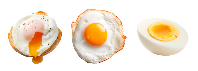 Poached, fried and boiled eggs over isolated transparent background
