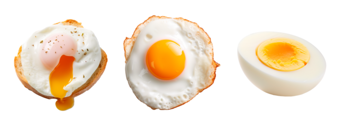 Poached, fried and boiled eggs over isolated transparent background