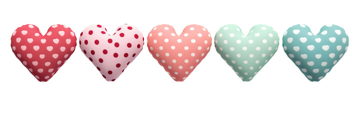 Set of colorful heart-shaped pillows with polka dots over white transparent background