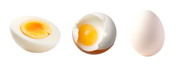 Boiled, soft-boiled and raw eggs over white transparent background