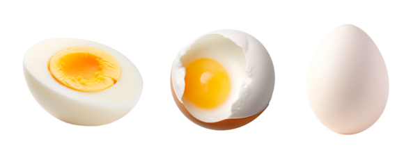 Boiled, soft-boiled and raw eggs over white transparent background