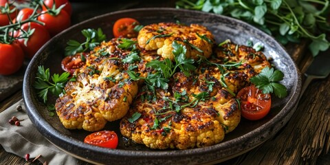 Spicy Vegan Delight - Harissa Roasted Cauliflower Steaks - Culinary Temptation on Your Plate - Soft Light Enhancing Vegan Delight