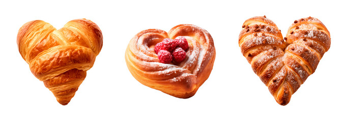 Danish bread with fruits, brioche and croissant breads with heart shape over white transparent background