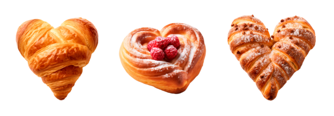 Danish bread with fruits, brioche and croissant breads with heart shape over white transparent background
