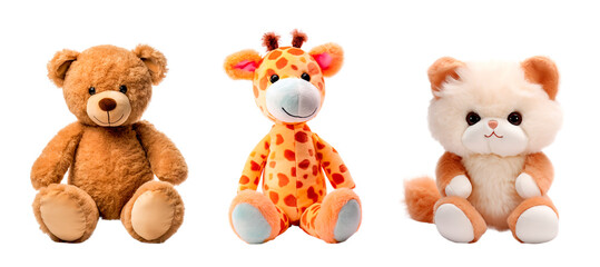 Teddy bear, giraffe and cute cat toys over isolated transparent background