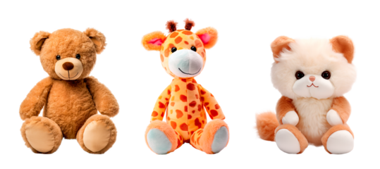Teddy bear, giraffe and cute cat toys over isolated transparent background
