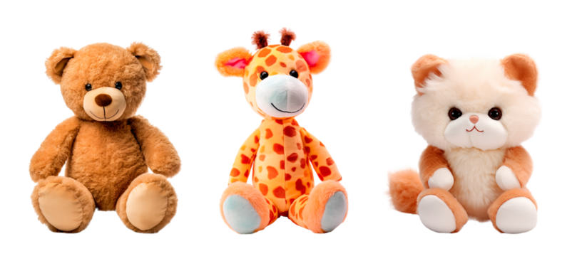 Teddy bear, giraffe and cute cat toys over isolated transparent background
