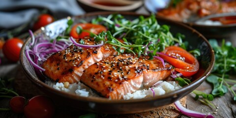 Asian Seafood Delight - Sesame Soy Glazed Salmon Bowls - Culinary Fusion in Every Bowl - Soft Light Illuminating Glazed Salmon