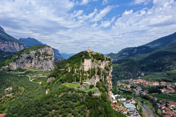 Aerial view of Arco village and his Arco castle on high rock view, Sarca Valley, Trentino Alto...