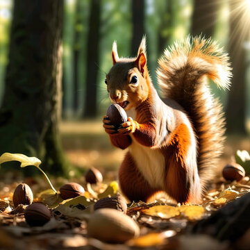 ardilla comiendo nueces en un bosque 