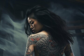Mystical Dragon Tattoo on Woman's Back in Hazy Setting. Generative ai