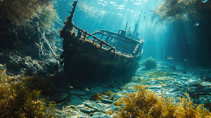 An eerie underwater scene of a shipwreck enveloped by ocean flora, resting peacefully on the sea bed as light filters from above
 - obrazy, fototapety, plakaty