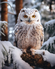 Fototapeta premium Close-up full body portrait of bird of prey, white snowy owl, sitting on tree branch in forest cowered snow and looking at camera