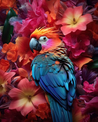 Single beautiful exotic tropical parrot with bright multicolored flowers on red background