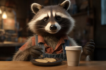 Cute raccoon barista in shirt serves cup of coffee to visitor in coffee shop - obrazy, fototapety, plakaty