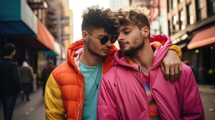 happy gay couple spending time together in city center