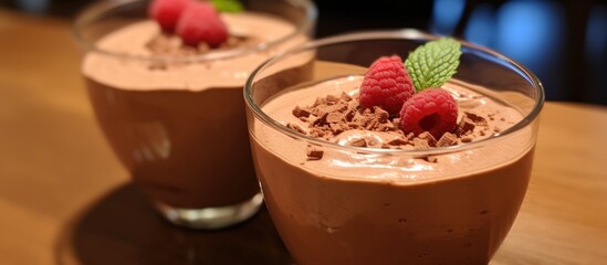 Two homemade chocolate mousse servings.