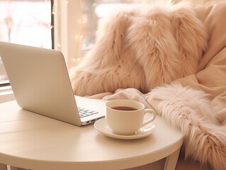 work from home set-up, laptop open on coffee table with cup of coffee or tea nearby, faux fur...
