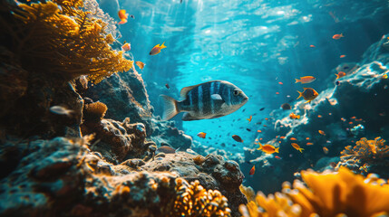 Fototapeta na wymiar A serene underwater landscape with a fish swimming near a coral reef, surrounded by tiny marine life 