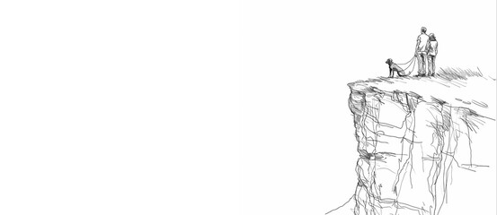 Obraz premium A Beautiful couple and a dog Stand on a mountain peak, Minimal line art, pencil pen sketch line art, isolated background, 