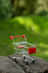Carrito de compras de supermercado con fondo de naturaleza desenfocado 