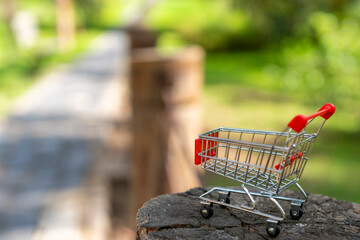 Carrito de compras de supermercado con fondo de naturaleza desenfocado 