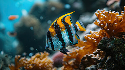 A vibrant banded butterflyfish glides through the water by coral reefs, showcasing its distinct stripes and aquatic grace
