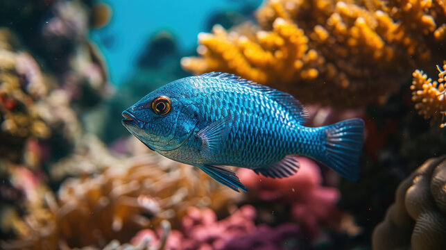 A vibrant blue damselfish glides through a colorful coral reef background
