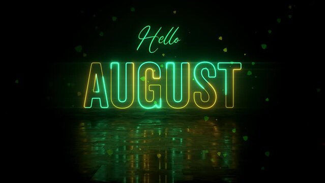 Festive Turquoise Yellow Glowing Neon Hello August Text Reveal With Floor Reflection Amid The Falling Leaves On Dark Background, With Isolated Text Effect Motion, 5-15 Seconds Seamless Loop