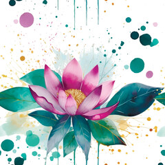 Watercolor beautiful blossom lotus flowers seamless pattern. Water lilies. Dirty watercolor background with circles, drips, splashes. Hand drawn paint lotus flower, leaves. Modern artistic ornament