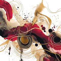 Liquid fluid doodle lines watercolor painted black red gold colors pattern. Paint hand drawn watercolor spots dirty vector background. Trendy arrangement colorful art design. Grunge endless texture