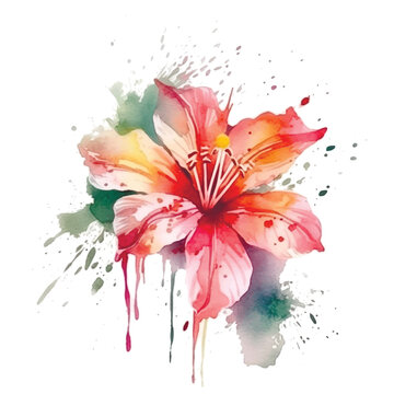 Watercolor beautiful blossom lily flower paint colorful pattern. Dirty watercolor vector background. Hand drawn painted lily flower, leaves, splashes, drips. Isolated modern drawing design on white