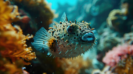 Fototapeta na wymiar Underwater close-up shot of a dotted pufferfish blending with the coral 