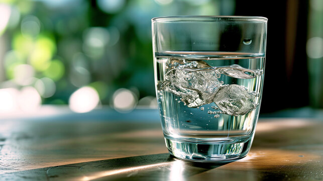 Glass of clean water on blurred green background.