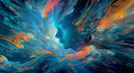 Obraz premium A Woman Immersed in the Subconscious. Colored Psychedelic Smoke. Digital Art. Colorful Illustration. 