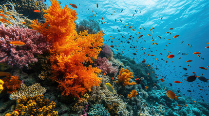 Fototapeta na wymiar Vibrant orange sponge on a coral reef teeming with marine life in clear blue waters 