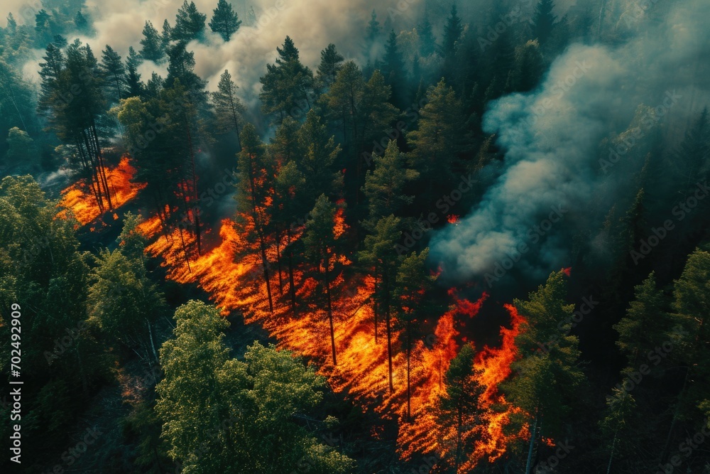 Aufkleber A devastating forest fire raging in the midst of a dense forest. This image can be used to illustrate the destructive power of wildfires and the need for fire prevention measures