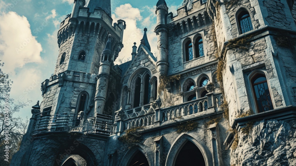 Poster an image of an old castle with a clock tower on top. perfect for historical or fantasy themes