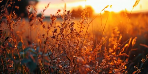 A picturesque view of a field of tall grass with the sun setting in the background. Perfect for nature lovers and outdoor enthusiasts