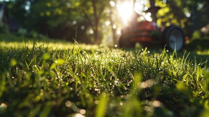 A lawn mower parked on the grass. Suitable for landscaping and gardening projects