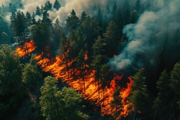 A devastating forest fire raging in the midst of a dense forest. This image can be used to illustrate the destructive power of wildfires and the need for fire prevention measures