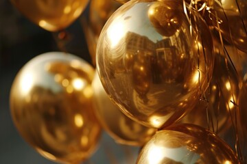 Shiny gold Christmas balls hanging from a tree. Perfect for holiday decorations or festive backgrounds