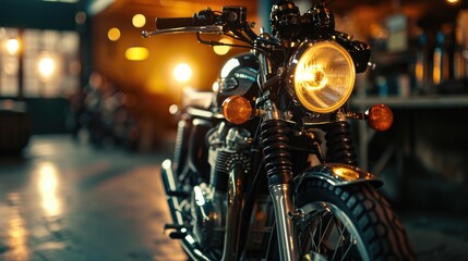 A close up view of a motorcycle parked on a street. Perfect for automotive enthusiasts and urban lifestyle blogs - obrazy, fototapety, plakaty