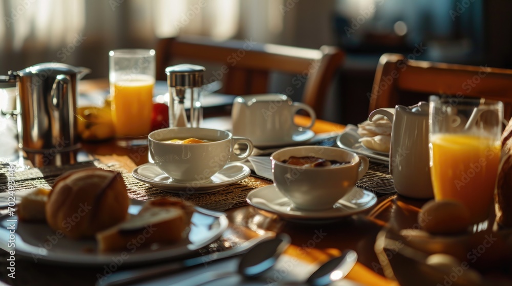 Poster a wooden table adorned with plates of delicious food and cups of refreshing orange juice. perfect fo