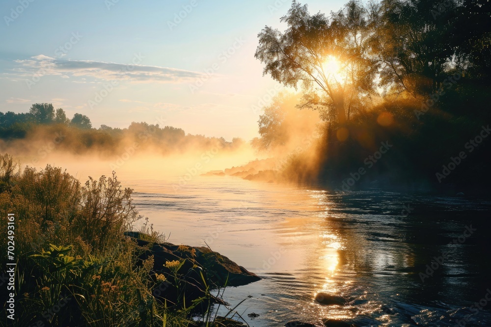 Poster the sun shines through the mist on the water, creating a serene and ethereal atmosphere. perfect for
