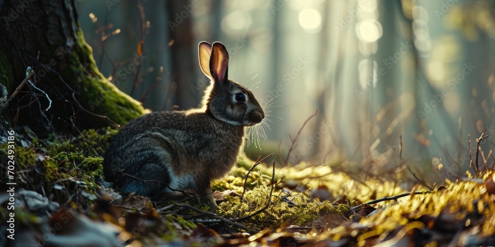 Poster a rabbit is sitting in the grass near a tree. this image can be used to depict a peaceful outdoor sc